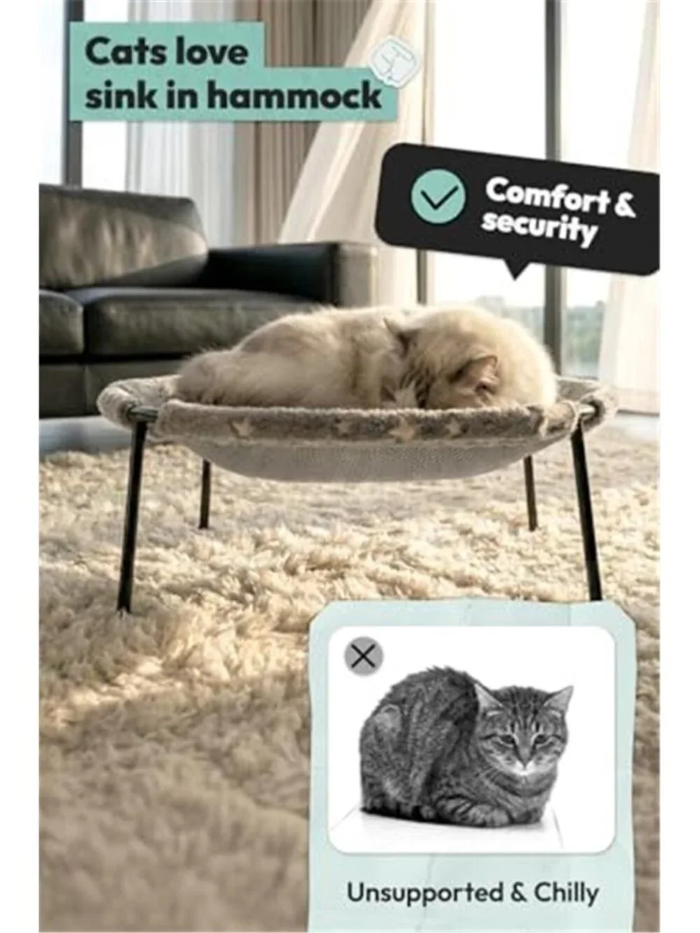 Elevated Cat Bed, Glow-in-The-Dark Fabric Cat Hammock Bed for Large Indoor